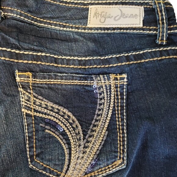 Ariya Jeans Santa Cruz Embroidered Sequins Flare Distressed Blue Denim Sz 16 HOT - Picture 8 of 9